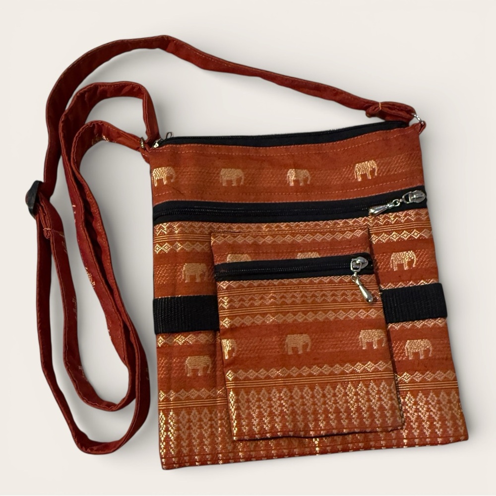 Boho Orange Indian Thai Elephant Print Crossbody Bag Adjustable Strap Hippie